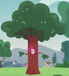 Size: 940x1038 | Tagged: safe, derpibooru import, screencap, pinkie pie, equestria girls, friendship games, pinkie spy (short), clothes, costume, disguise, outfit catalog, solo, tree