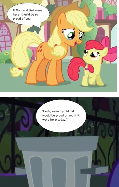 Size: 622x980 | Tagged: apple bloom, applejack, applejack's hat, applejack's hat's death, cowboy hat, crusaders of the lost mark, derpibooru import, hat, made in manehattan, safe, screencap, trash can