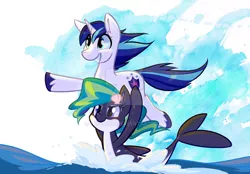 Size: 1024x712 | Tagged: artist:meekcheep, derpibooru import, everfree northwest, merpony, obtrusive watermark, oc, oc:marina (efnw), orca, orca pony, original species, safe, shining armor, water, watermark