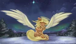 Size: 3800x2200 | Tagged: applejack, applejack's mom, applejack's parents, artist:ardail, aurora borealis, christmas, crying, derpibooru import, emotional, female, halo, hat, holiday, mother and child, mother and daughter, night, sad, safe, snow, spread wings, starry night, stars, tree, wings