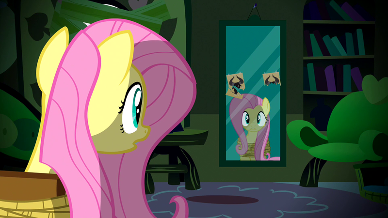 Size: 1920x1080 | Tagged: bondage, chair, derpibooru import, fluttershy, fluttershy's cottage, fluttershy's cottage (interior), mirror, reflection, sad, safe, screencap, sitting, solo, tied up, unsexy bondage