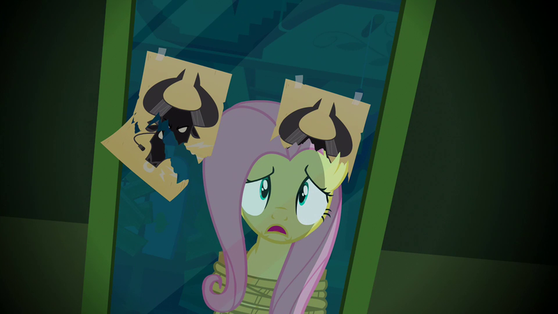 Size: 1920x1080 | Tagged: safe, derpibooru import, screencap, fluttershy, pegasus, pony, putting your hoof down, bondage, chair, female, fluttershy's cottage, fluttershy's cottage (interior), mare, mirror, reflection, rope, rope bondage, sad, scared, sitting, solo, tied up, unsexy bondage