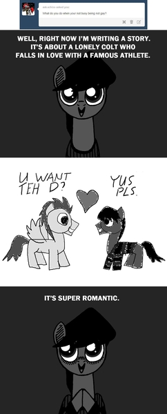 Size: 850x2109 | Tagged: questionable, artist:closed closets, derpibooru import, soarin', oc, oc:closed closets, pony, ask-closed-closets, canon x oc, clothes, comic, d, fanfic art, gay, give him the d, heart, male, not gay, pwp, shipping, stylistic suck, sweater