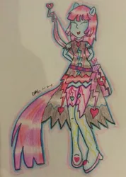 Size: 755x1059 | Tagged: safe, artist:lizzyisme, derpibooru import, mystery mint, equestria girls, friendship games, archery, background human, bow (weapon), photo, ponied up, solo, traditional art, wondercolts