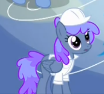 Size: 215x193 | Tagged: safe, derpibooru import, screencap, blueberry punch, peppermint crunch, pegasus, pony, sonic rainboom (episode), background pony, cropped, female, hard hat, mare, solo focus, weather factory uniform