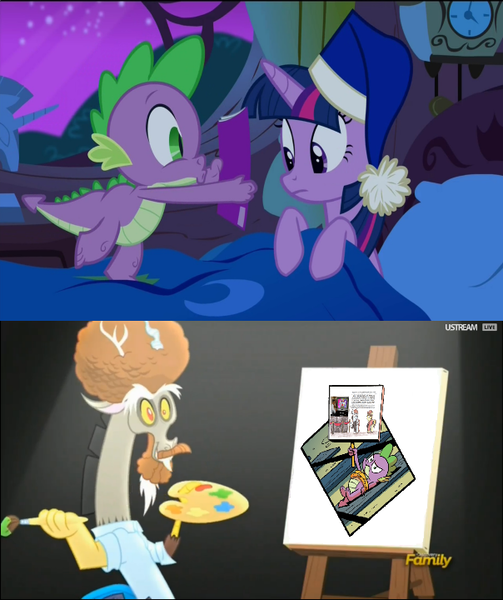 Size: 604x720 | Tagged: accepted meme that never ends, alicorn, bob ross, comic book meme, crossing the memes, derpibooru import, discord, discord's painting, draconiross, edit, edited screencap, exploitable meme, idw, luddite spike, meme, obligatory pony, safe, screencap, spike, the meme that never ends, twilight sparkle, twilight sparkle (alicorn), what about discord?