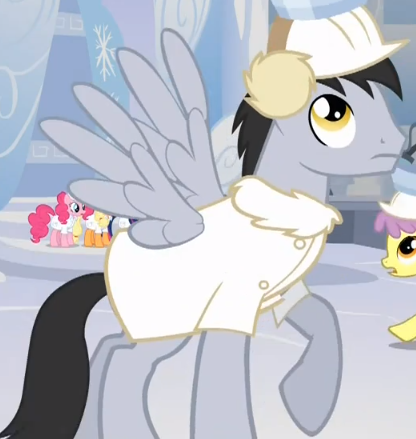 Size: 416x439 | Tagged: safe, derpibooru import, screencap, applejack, felix, parasol, pinkie pie, pegasus, pony, sonic rainboom (episode), cropped, earmuffs, looking up, raised hoof, solo focus, weather factory uniform