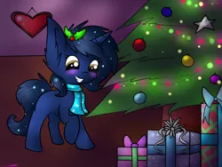Size: 2000x1500 | Tagged: safe, artist:ashee, derpibooru import, oc, oc:starlight blossom, unofficial characters only, blushing, hearth's warming eve, present, tree