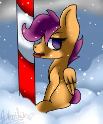 Size: 753x908 | Tagged: safe, artist:hyperponylover, derpibooru import, scootaloo, hearth's warming eve (episode), candy, candy cane, food, hearth's warming eve, nose wrinkle, snow, snowfall, solo, stuck, tongue out, tongue stuck to pole