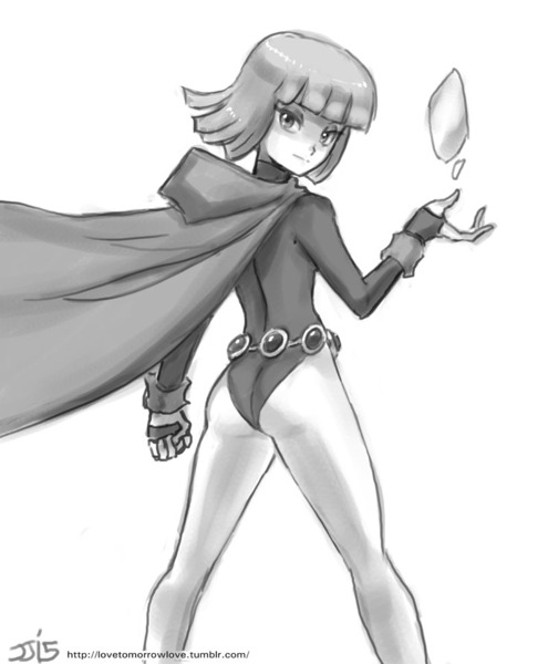 Size: 800x970 | Tagged: artist:johnjoseco, ask gaming princess luna, ass, butt, clothes, cosplay, costume, derpibooru import, grayscale, human, humanized, maud pie, monochrome, raven (teen titans), safe, simple background, solo, teen titans, white background