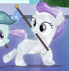 Size: 563x578 | Tagged: safe, derpibooru import, screencap, glass slipper, hope (crystal pony), crystal pony, pony, games ponies play, background pony, cropped, female, filly, flag, mouth hold, running, solo focus