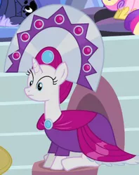 Size: 402x508 | Tagged: safe, derpibooru import, screencap, duchess of maretonia, princess cadance, princess luna, pony, unicorn, equestria games (episode), background pony, equestria games, female, headdress, ice mirror, mare, sitting, solo focus