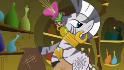 Size: 1366x768 | Tagged: derpibooru import, flower, safe, screencap, solo, the cutie pox, zebra, zecora, zecora's hut