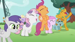 Size: 1366x768 | Tagged: aura (character), cheering, derpibooru import, dinky hooves, happy, jumping, safe, scootaloo, screencap, snails, snips, sweetie belle, the cutie pox, tornado bolt