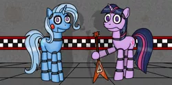 Size: 1600x796 | Tagged: safe, artist:bluemoonmare, derpibooru import, trixie, twilight sparkle, pony, unicorn, animatronic, bonnie, crossover, female, five nights at freddy's, five nights at freddy's 2, flying v, guitar, mare, musical instrument, toy bonnie