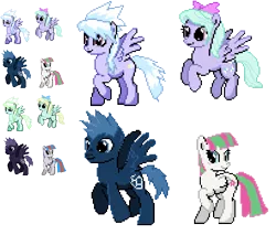 Size: 612x522 | Tagged: artist:dmn666, blossomforth, cloudchaser, derpibooru import, flitter, pixel art, pokémon, ponymon, safe, shiny pokémon, simple background, star hunter, transparent background