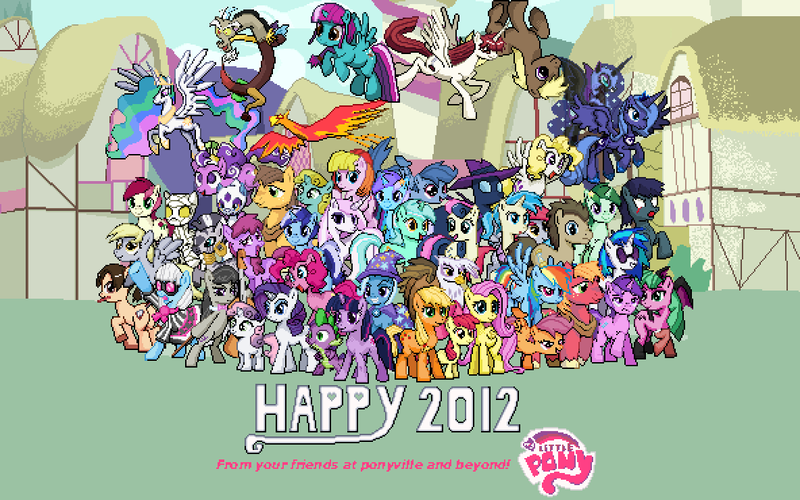 Size: 1184x740 | Tagged: safe, artist:dmn666, derpibooru import, allie way, amethyst star, apple bloom, applejack, archer (character), berry punch, berryshine, bon bon, chance-a-lot, coco crusoe, creme brulee, derpy hooves, diamond mint, discord, doctor whooves, fleur-de-lis, fluttershy, gilda, lyra heartstrings, mare do well, minuette, nightmare moon, octavia melody, philomena, photo finish, pinkie pie, princess celestia, princess luna, rainbow dash, rarity, roseluck, scootablue, scootaloo, screwball, sparkler (g1), spike, surprise, sweetie belle, sweetie drops, time turner, toola roola, trixie, twilight sparkle, vinyl scratch, zecora, oc, oc:colorfly, oc:fausticorn, ponified, alicorn, bat pony, froslass, gryphon, pony, undead, zebra, zombie, zombie pony, 2012, alicorn oc, background pony, background six, crossover, cutie mark crusaders, darkstalkers, everypony, fatal fury, g1, g1 to g4, g3, g3 to g4, generation leap, group shot, happy new year, holiday, horn, king of fighters, lauren faust, mai shiranui, mane seven, mane six, morrigan aensland, mummy, my little pony logo, new year, pixel art, pokémon, ponymon, s1 luna, wings