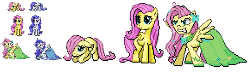 Size: 870x260 | Tagged: artist:dmn666, clothes, derpibooru import, dress, female, filly, filly fluttershy, flutterrage, fluttershy, gala dress, pixel art, pokémon, ponymon, safe, simple background, solo, transparent background, younger