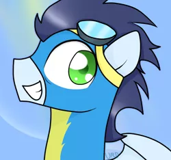 Size: 642x600 | Tagged: safe, artist:ultrard, derpibooru import, soarin', pegasus, pony, bust, clothes, colored pupils, goggles, male, smiling, solo, stallion, uniform, wonderbolts uniform