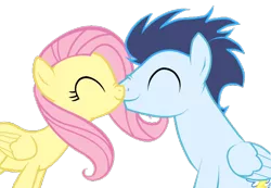 Size: 810x559 | Tagged: safe, artist:lunaticdawn, derpibooru import, fluttershy, soarin', pony, eyes closed, female, male, nuzzling, shipping, simple background, soarinshy, straight, transparent background
