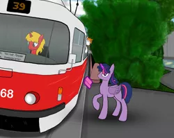 Size: 1560x1240 | Tagged: safe, artist:subway777, derpibooru import, twilight sparkle, twilight sparkle (alicorn), oc, oc:tatra, alicorn, pony, moscow, russia, tatra t3, tram