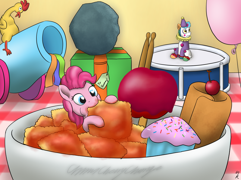 Size: 1280x960 | Tagged: safe, artist:mkogwheel, derpibooru import, boneless, pinkie pie, ponyacci, tom, apple, balloon, candy apple (food), chimicherrychanga, christmas, clown, cupcake, drums, food, heart eyes, holiday, it's a pony kind of christmas, micro, musical instrument, party cannon, ponies in food, ravioli, rock, rubber chicken, streamers, wingding eyes