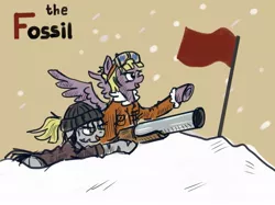 Size: 987x740 | Tagged: artist:agm, beanie, clothes, derpibooru import, fallout equestria, fallout equestria: the fossil, fanfic art, flag, goggles, grenade launcher, hat, oc, oc:dazzling "dodo" dusk, safe, snow, snowfall, unofficial characters only