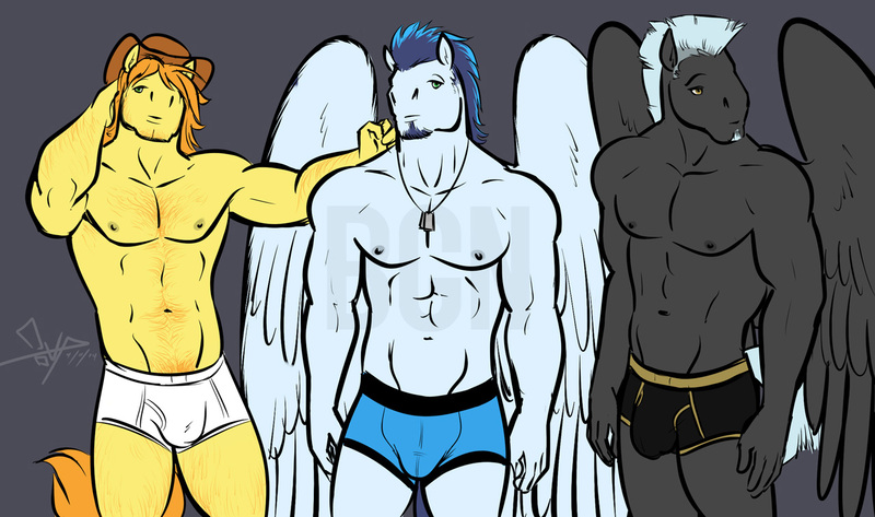 Size: 1280x756 | Tagged: anthro, artist:bgn, bara, baraburn, bare chest, body hair, boxer briefs, braeburn, chest hair, clothes, cowboy hat, crotch bulge, derpibooru import, explicit source, facial hair, hat, male, males only, partial nudity, questionable, soarin', stetson, thunderlane, topless, watermark