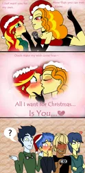 Size: 992x2008 | Tagged: suggestive, artist:purfectprincessgirl, derpibooru import, adagio dazzle, comet tail, dumbbell, flash sentry, soarin', sunset shimmer, human, equestria girls, blood, blushing, comic, female, humanized, kissing, lesbian, lesbian in front of boys, male, nosebleed, shipping, singing, sunsagio
