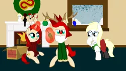 Size: 1920x1080 | Tagged: 8chan, box, christmas, christmas lights, clothes, cute, deer, derpibooru import, dirndl, dress, holiday, laughing, nazi, oc, oc:anon, oc:aryanne, oc:red pone (8chan), oc:ruby (8chan), /pone/, pullover, puppet, reindeer, safe, snow, unofficial characters only