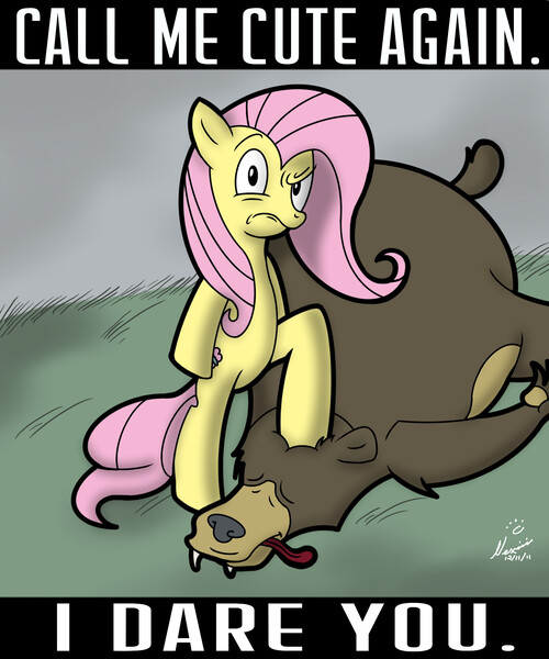 Size: 1592x1910 | Tagged: safe, artist:nexivian, derpibooru import, fluttershy, harry, bear, cute, dare, dead, i'm not cute, looking at you, shyabetes, tempting fate, tongue out
