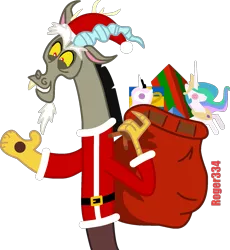 Size: 1523x1659 | Tagged: safe, artist:roger334, derpibooru import, discord, princess celestia, bag, christmas, clothes, costume, doll, happy, hearth's warming, holiday, inkscape, parody, ponyscape, present, santa claus, santa costume, simple background, solo, stuntmare, toy, transparent background, vector