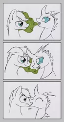 Size: 1100x2100 | Tagged: safe, artist:shikogo, derpibooru import, oc, oc:butterkuchen, oc:ri'vee, unofficial characters only, changeling, earth pony, pony, bedroom eyes, biting, black and white, changeling feeding, comic, commission, cute, cuteling, eye contact, fangs, female, grayscale, heart, interspecies, looking at each other, male, monochrome, neo noir, nom, open mouth, partial color, scrunchy face, smiling, straight, traditional art, wide eyes