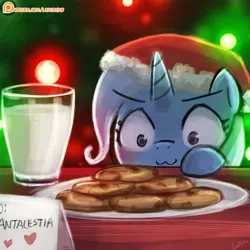 Size: 750x750 | Tagged: safe, artist:lumineko, derpibooru import, trixie, pony, unicorn, :3, >:3, christmas, cookie, cute, diatrixes, eyes on the prize, female, food, hat, holiday, lumineko is trying to murder us, mare, milk, milk and cookies, patreon, patreon logo, pure unfiltered evil, santa hat, solo