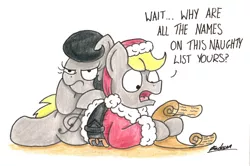 Size: 1920x1277 | Tagged: safe, artist:bobthedalek, derpibooru import, oc, oc:mixed melody, oc:octavia's father, oc:octavia's mother, oc:ostinato melody, unofficial characters only, earth pony, pony, christmas, clothes, costume, duo, holiday, list, santa costume, traditional art, unamused