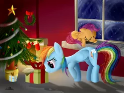 Size: 3005x2250 | Tagged: safe, artist:colonelwalther, derpibooru import, rainbow dash, scootaloo, christmas, christmas tree, hearth's warming eve, holiday, present, scootalove, sleeping, tree, wreath