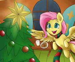 Size: 1024x843 | Tagged: artist:megagibs, christmas, christmas tree, clothes, cute, derpibooru import, excited, floating, fluttershy, hearth's warming eve, holiday, milk and cookies, open mouth, safe, scarf, semi-anthro, shyabetes, solo, spread wings, tree, wings