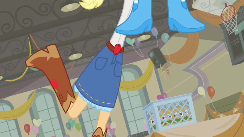 Size: 1280x720 | Tagged: safe, derpibooru import, screencap, applejack, pinkie pie, equestria girls, equestria girls (movie), balloon, boots, cowboy boots, great moments in animation, high heel boots, shoes, smear frame, stretchy