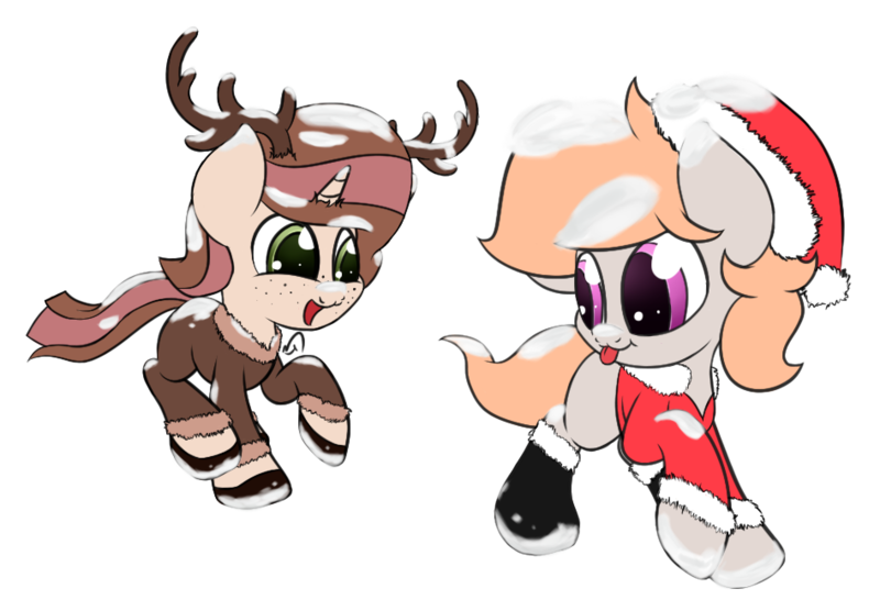 Size: 947x646 | Tagged: antlers, artist:elppa, christmas, clothes, costume, derpibooru import, female, filly, hearth's warming eve, holiday, oc, oc:amber heartcake, oc:ink drop, safe, santa costume, simple background, snow, sweater, transparent background, unofficial characters only, winter, winter outfit