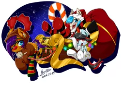 Size: 2923x2066 | Tagged: safe, artist:umabun, artist:馬文, derpibooru import, oc, oc:blaze, oc:cordon, oc:watercolor lollipop, unofficial characters only, 2015, clothes, merry christmas, present, sled, socks, striped socks