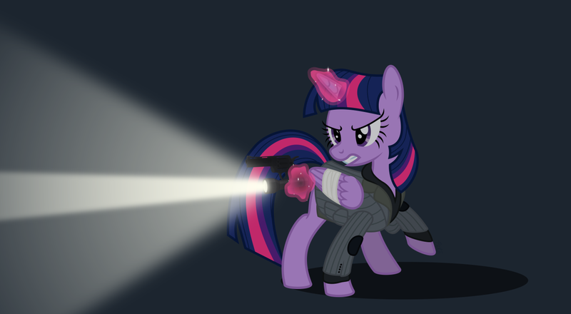 Size: 1280x704 | Tagged: safe, artist:camo-pony, derpibooru import, twilight sparkle, twilight sparkle (alicorn), alicorn, pony, alan wake, clothes, crossover, female, flashlight (object), gun, handgun, magic, mare, revolver, simple background, solo, telekinesis, weapon