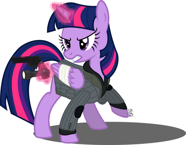 Size: 2135x1663 | Tagged: safe, artist:camo-pony, derpibooru import, twilight sparkle, twilight sparkle (alicorn), alicorn, pony, alan wake, clothes, crossover, female, flashlight (object), gun, handgun, magic, mare, revolver, simple background, solo, telekinesis, transparent background, weapon