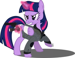 Size: 2135x1663 | Tagged: safe, artist:camo-pony, derpibooru import, twilight sparkle, twilight sparkle (alicorn), alicorn, pony, alan wake, clothes, crossover, female, flashlight (object), gun, handgun, magic, mare, revolver, simple background, solo, telekinesis, transparent background, weapon