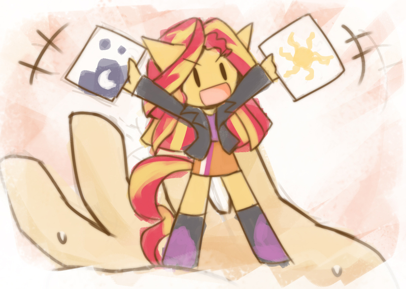 Size: 1209x860 | Tagged: safe, artist:howxu, derpibooru import, part of a set, princess celestia, princess luna, sunset shimmer, equestria girls, boots, chibi, clothes, cutie mark, howxu's handling, in goliath's palm, jacket, leather jacket, micro, shoes, skirt