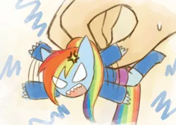 Size: 1209x860 | Tagged: safe, artist:howxu, derpibooru import, part of a set, rainbow dash, equestria girls, angry, chibi, hand, howxu's handling, in goliath's palm, micro, suspended