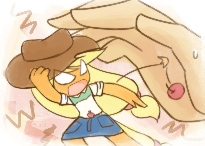 Size: 1209x860 | Tagged: safe, artist:howxu, derpibooru import, part of a set, applejack, equestria girls, apple, chibi, clothes, cowboy hat, denim skirt, food, hand, hat, howxu's handling, in goliath's palm, micro, skirt, stetson, throwing