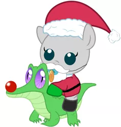 Size: 1021x1077 | Tagged: safe, artist:red4567, derpibooru import, gummy, ponified, alligator, pony, baby, baby pony, christmas, cute, hat, hearth's warming eve, holiday, pacifier, ponies riding gators, red nose, riding, santa claus, santa hat, santabetes, simple background, white background