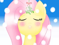 Size: 6600x5100 | Tagged: safe, artist:pikachumask, derpibooru import, fluttershy, pony, absurd resolution, blushing, bust, christmas, eyes closed, female, full face view, hearth's warming eve, holiday, kissy face, mare, mistletoe, snow, snowflake, solo