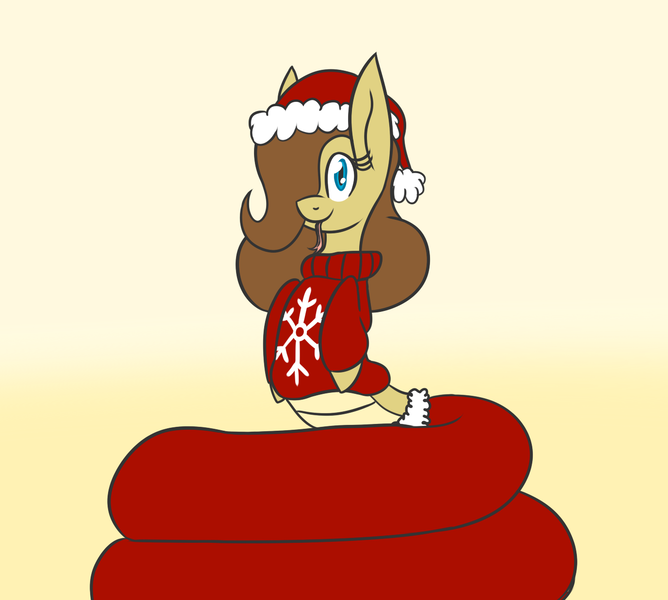 Size: 1378x1237 | Tagged: safe, artist:metalaura, derpibooru import, oc, oc:hissyfit, unofficial characters only, lamia, monster girl, monster pony, original species, snake, christmas, clothes, cute, female, hat, hearth's warming, holiday, monster mare, santa hat, solo, sweater, tongue out