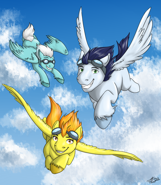 Size: 1280x1472 | Tagged: safe, artist:alexispaint, derpibooru import, fleetfoot, soarin', spitfire, pegasus, pony, female, flying, goggles, looking at you, male, mare, sky, stallion, wonderbolts